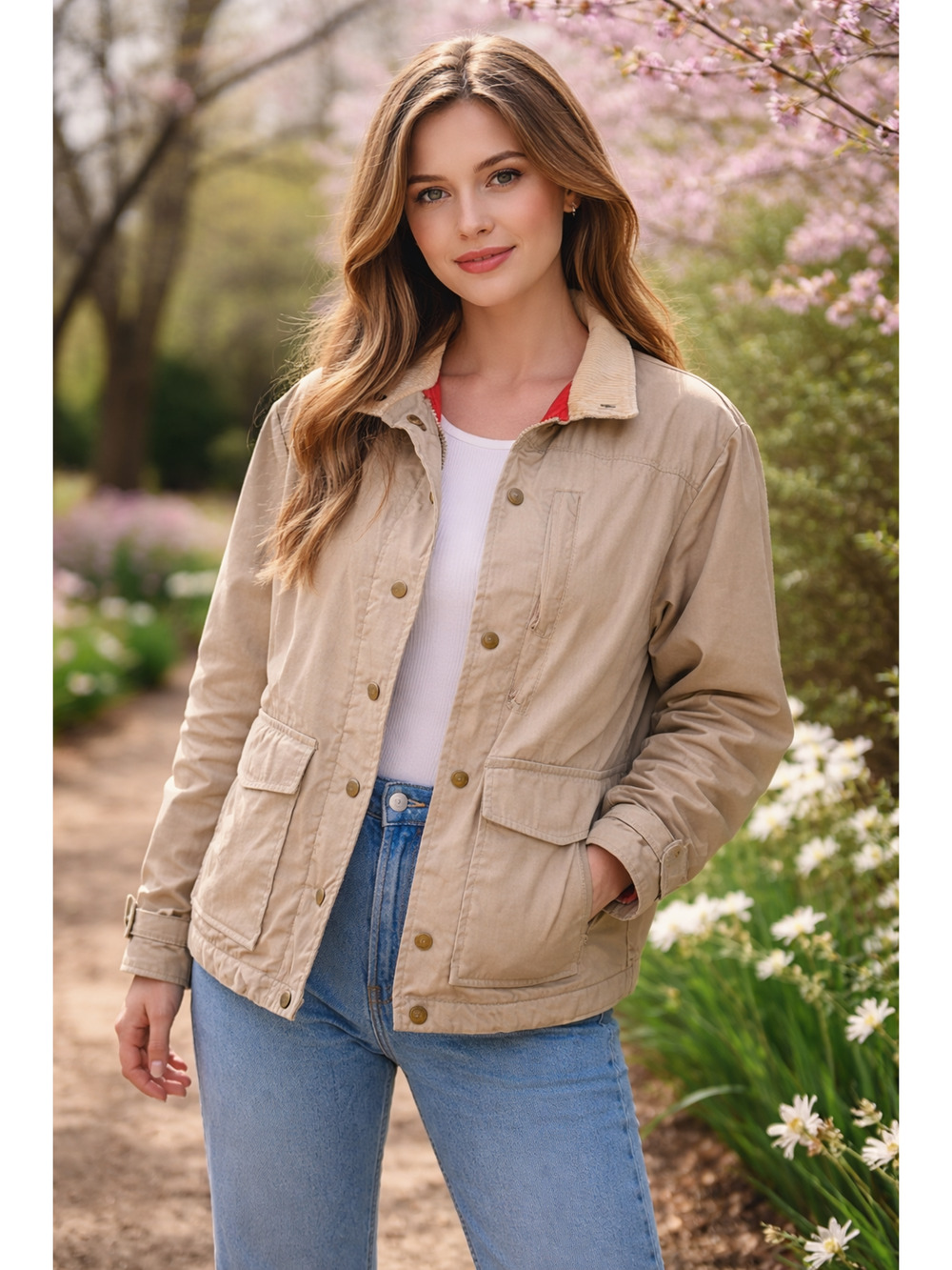 Vintage LL Bean Canvas Chore Coat Corduroy Collar Beige Women's Medium Gorpcore